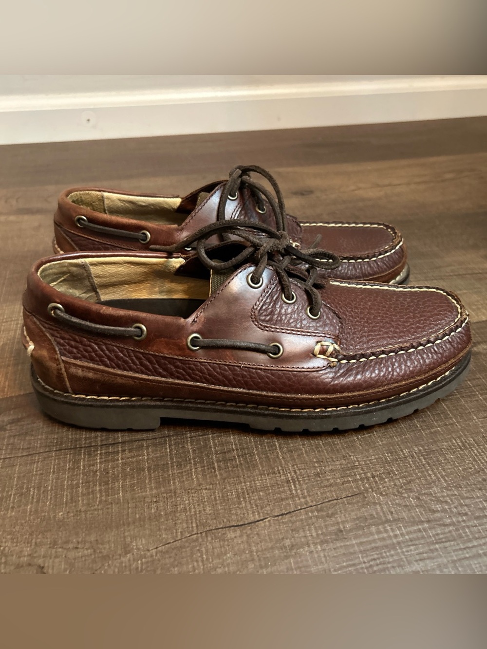 L.L. Bean Allagash Bison Leather Boat Shoes Brown Handsewn Mens 8.5 D 244472